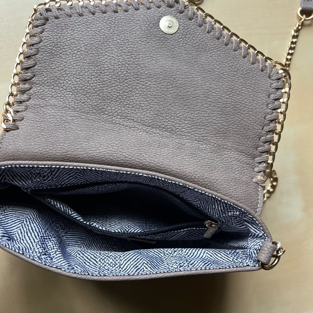 MMS Design Studio Taupe Crossbody Bag with Gold-Tone Chain & Whipstitch Trim - Picture 9 of 10